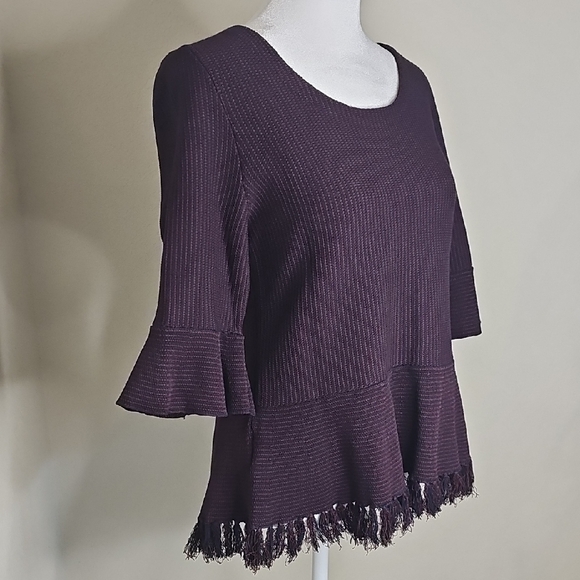 Ann Taylor Purple/Navy Stripe Peplum Sweater Bell Sleeves Fringe Hem Sz M - Picture 5 of 10